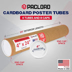 Paclord 4" x 24" Heavy-Duty Reinforced Cardboard Mailing Tube, Pack of 4 Tubes with 8 Caps – Secure USPS Approved – Great for Shipping and Storing of Prints, Artwork, Posters or Documents