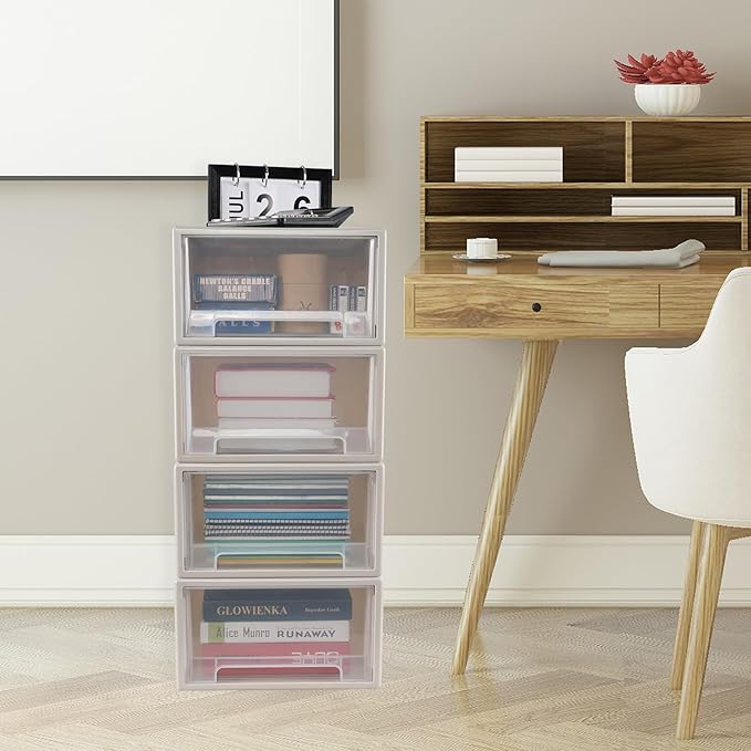 Xyskin 4-Pack 19 Quart Large Stackable Drawer Organizer Unit, Plastic Storage Box with Drawers