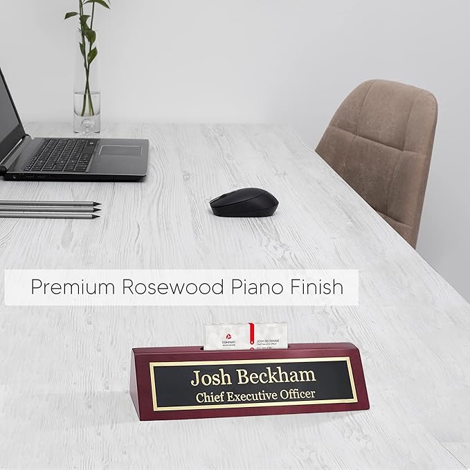 Business Wood Name Plate for Desk | Custom Desk Name Plate Personalized Gift for Office, The Perfect Engraved Name Plaque By Engraving International (2" x 8" With Card Holder, Rosewood Piano Finish)