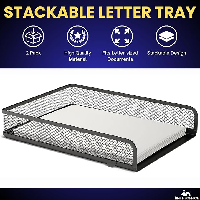 1InTheOffice Letter Trays for Desk Stackable, Front-Load Mesh Desk Tray Organizer, Black, 2 Pack