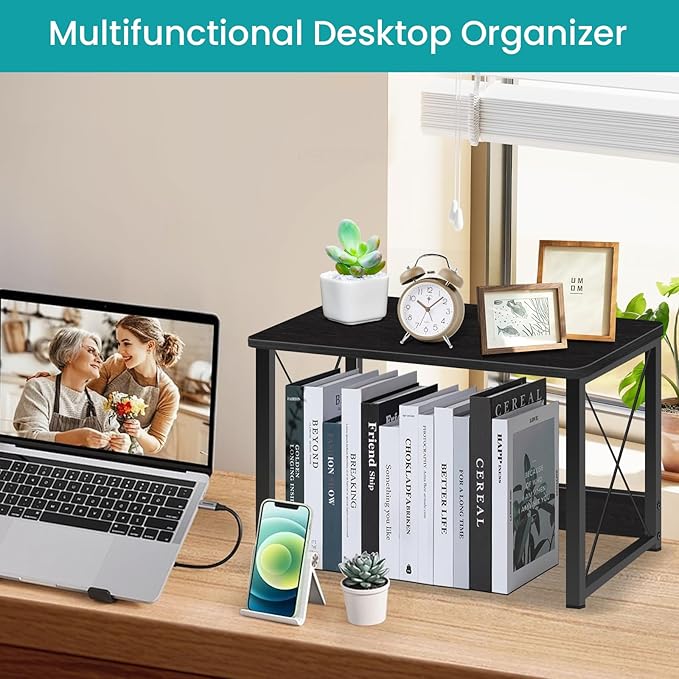 ELITEROO Desktop Printer Stand With Storage, Table Stand Small Desk Shelves Organizer for Home/Office, Multi-Purpose Heavy Duty Riser for Fax Machine Copier Scanner (Black)