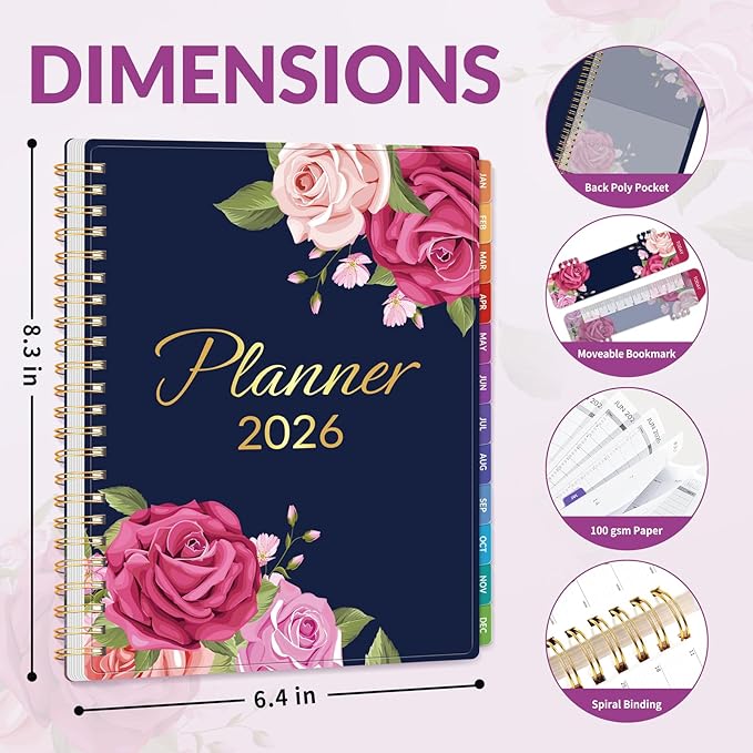 GNL 2026 Planner, Weekly and Monthly Planner January - December 2026, 6.4" x 8.3" Monthly Planner with Waterproof Flexible Cover, Spiral Binding Notebook with Colorful Tab, Pockets, Bookmark, Rose