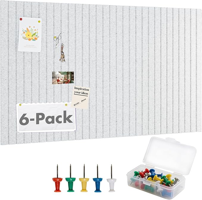 Cork Board Tiles for Wall with Push Pins, Removable 36" x 24" Slat Bulletin Board Sets, Adhesive Pin Board | Magrowill 6 Packs Felt Panels for Office Home Classroom Dorm Interior Wall Decor, Silver