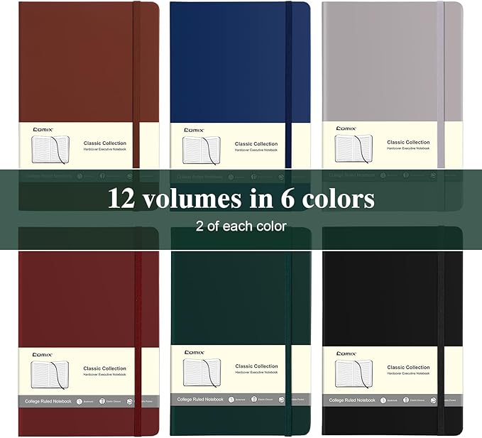 COMIX 12 Pack Lined Journal Notebooks for Women & Men, 240 Pages, Medium 5.5" x 8.3", Hardcover, Journaling Notebook for Work & Note Taking, Fits for School Home Business, Journals for Women, Men