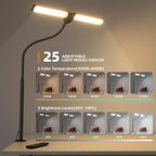 Motumen Led Desk Lamp for Home Office, Eye-Care Architect Light with Clamp, Smart Double Head Computer Monitor Table Clip Lamp, Adjustable Flexible Goose-Neck, 25 Lighting Models, Task Lamp, Black