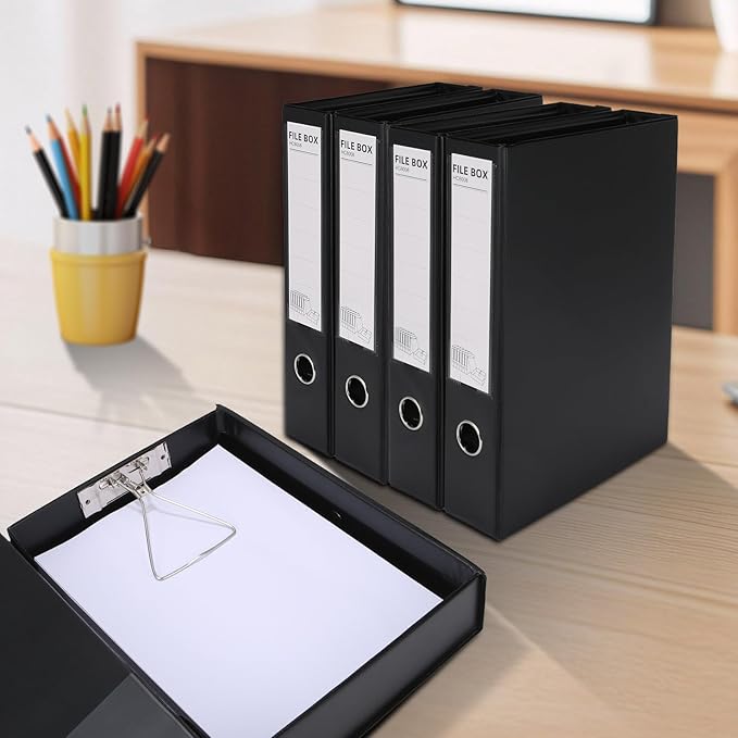HUA JIE A4 Storage File Boxes Plastic Archives Cases with Clip, PVC File Folder Organizer Document Storage Filing Box for office,32.5×6.5×24 cm, Black(Pack of 6)