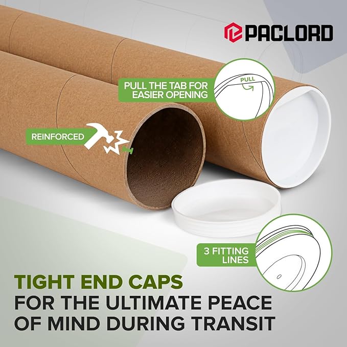 3" x 36" Reinforced Kraft Paper Mailing Tubes, Pack of 6 Tubes with 2 Caps Each – USPS Approved Poster Tube – Made in USA Cardboard Tube for Shipping and Storing Posters, Prints, Artwork, or Documents