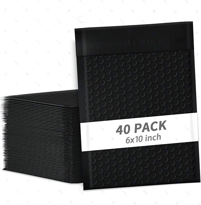 skardeco 6x10 Inch Black Bubble Mailers 40 Pack Self-Seal Poly Padded Envelopes Suitable for Small Businesses to Package and Mail Jewelry Cosmetics, Electronic Products, Cards (Black, 6x10-40)