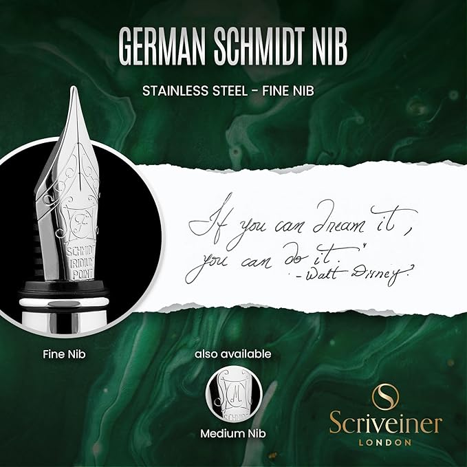 Scriveiner British Racing Green Fountain Pen - Stunning Luxury Pen with Chrome Finish, Schmidt Nib (Fine), Best Pen Gift Set for Men & Women, Professional, Executive, Office, Nice Pens