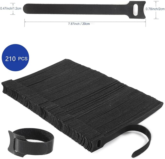 Nettbe Reusable Cable Ties, 210 PCS 8 Inches Adjustable Cord Straps Wire Organizer Cord Wrap and Hook Loop Cable Management