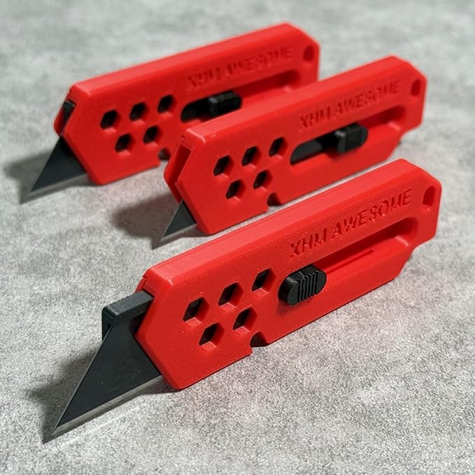 XHM Awesome Small Box Cutter Retractable Blade Ultility Knife, For Artwork, Cardboard Cutting, Package/Letter Opening, Home, Office & EDC Use, Pack of 3 (RED)