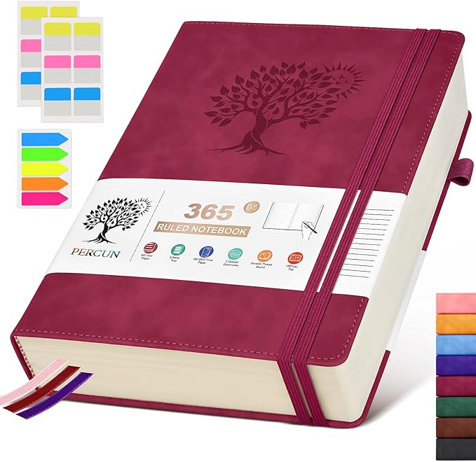 PERCUN B5 Lined Journal Notebook - 365 Page Large Leather Journals for Writing Women Men，Hardcover Notebook with 100Gsm Thick Pages，Daily Diary for Travel, Work，School，College Ruled (7.6" x 10.3")