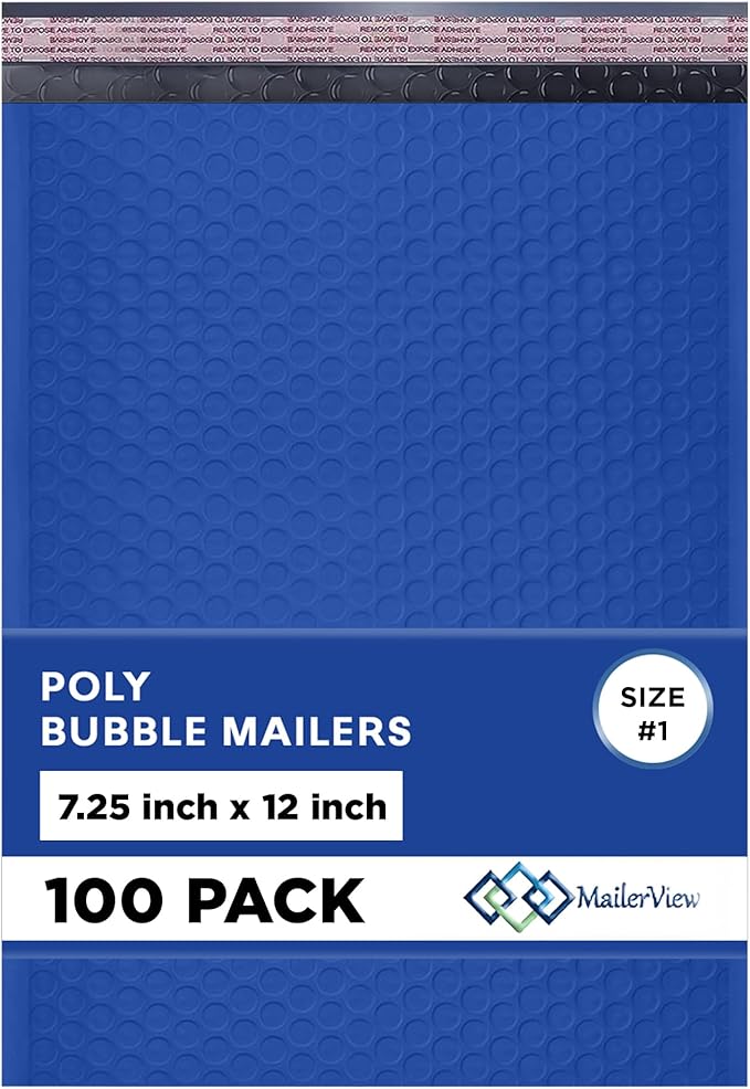 Royal Blue Poly Bubble Mailers 7.25x12 inch #1 | Self Seal Padded Envelopes | Cushioned Bubble Mailer | Usable Size 7.25x11 | WaterProof | Lightweight mailing Shipping Bags | 100 Pack Bulk