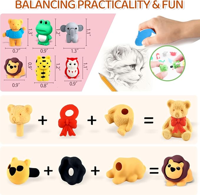 URSKYTOUS 130Pcs Animal Erasers Kids Desk Pets Pencil Erasers 3D Puzzle Bulk Mini Animal Food Eraser Toys Fun Cute Eraser for Classroom Rewards, Game Prizes, Treasure Box, Easter Egg Fillers