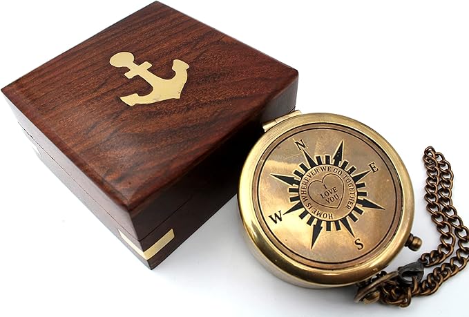 US HANDICRAFTS Home is Wherever Engraved Brass Compass with Wooden Case | Romantic Anniversary, Engagement, Wedding Gift for Boyfriend, Husband, & Loved Ones, for Him or Her
