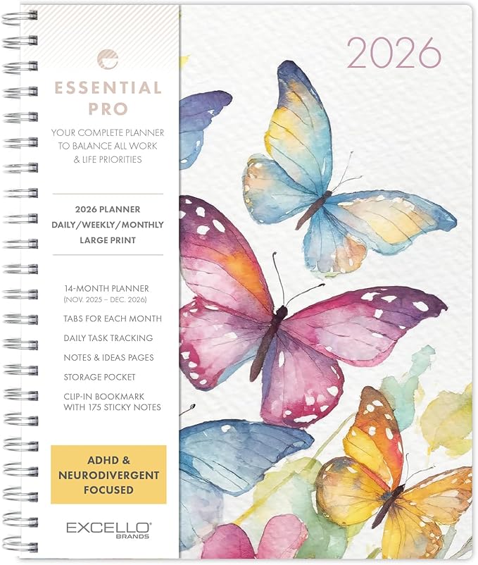Essential PRO 2026 Daily, Weekly & Monthly Planner, 8.5"x11": 14 Months (Nov 2025 - Dec 2026) Monthly Tabs,Daily Tracking,Notes Pages,Storage Pocket,Bookmark w Sticky Notes (Watercolor Butterflies)