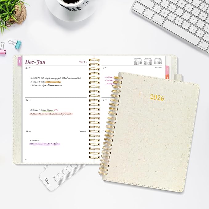 2026 Planner, Annecy Weekly ＆ Monthly Planner 2026, Jan. 2026 – Dec. 2026, 6.4" x 8.5" Monthly Agenda Planner with Tabs, Flexible Linen Cover, Spiral Binding, Double-sided Pocket, Bookmark, Beige