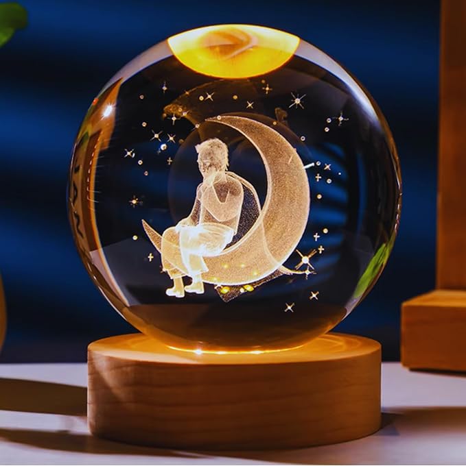 C&M 3D Boy on Moon Crystal Ball Night Light,Boy on Moon Figurine Lamp,Decorative Glass Sphere Ball Paperweight Crystal Sea Animal Decorations for Home (Boy on Moon)