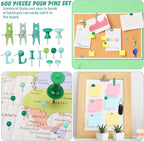 600 Pcs Decorative Push Pins, Plant Green Thumb Tacks 6 Types Cute Push Pin Clip for Bulletin Board Wall Cork Board Colorful Classroom Decor Teacher Must Haves Supplies School Crafts Project