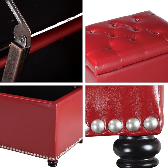 Decent Home 24'' Leather Storage Ottoman Rectangular Foot Rest Stool with Nailhead Trim for Bedroom Living Room(Red)