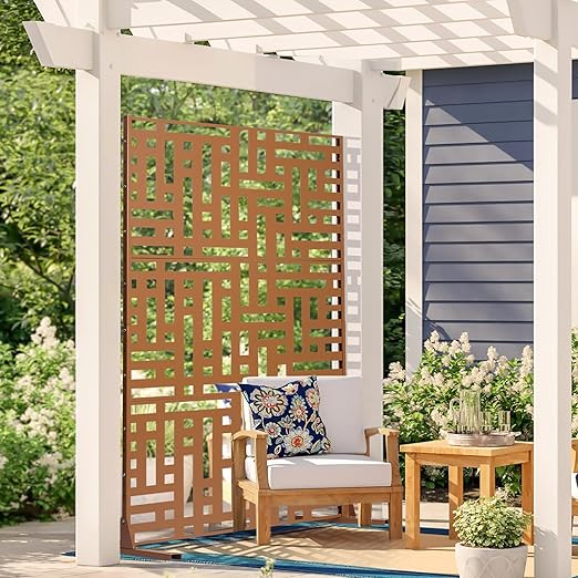 VEVOR Metal Privacy Screen, 47" W x 76" H, Outdoor Privacy Screens 3-Panel, Freestanding Outdoor Divider with Stand, Decorative Garden Steel Privacy Fence for Balcony Patio Indoor Room Hot Tub Brown