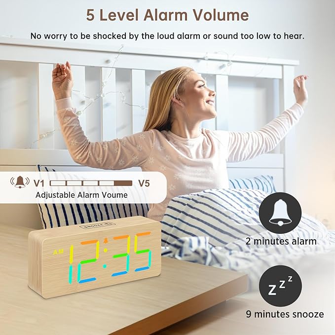 DreamSky Wooden Digital Alarm Clock for Bedroom - RGB Desk Clocks for Living Room with Large Numbers, Dimmer, Loud Alarm for Heavy Sleepers with Volume Control, Office Wood Decor (Plug in Clock)