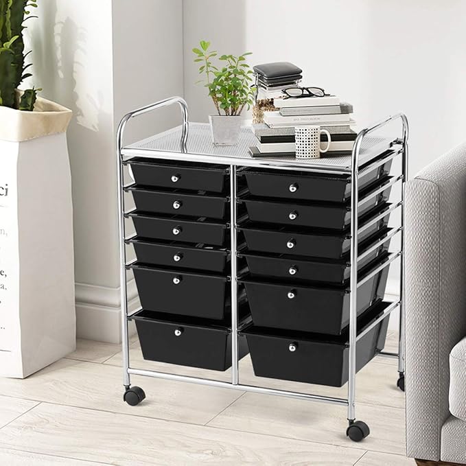 LDAILY 12 Drawer Rolling Storage Cart, Craft Cart Organizer on Wheels w/Metal Frame, Large Capacity & Smooth Drawer, Rolling Cart w/Drawers for Classroom, Office