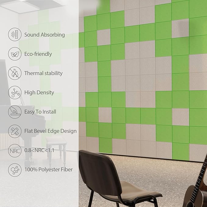 Amantech 12 Pack Acoustic Panels Self Adhesive Sound Proof Foam, High Density Sound Acoustic Panel, 12X12X0.4 Inch Square Panels in Home, Office, Reccording Room, Studio,and more(Fruit Green)