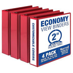 Samsill 2 Inch 3 Ring Binders, Made in USA, Economy Round Ring, Clear View Cover, 425 Sheet Capacity - for School, Home, Office - Red, 4 Pack