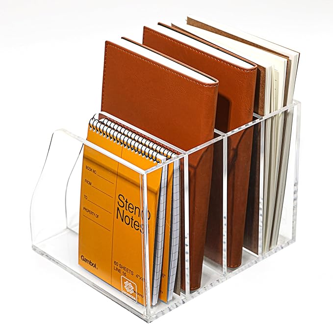 AIDIMOO Acrylic Magazine File Holder, 4 Vertical Compartments Desk Document Sorter Organizer, Clear Folder Rack Binder for Office, Documents, Tablets, Magazines, Books – Home/Classroom Rack