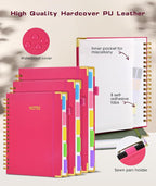 Hardcover Spiral Notebook Journal with Removable Dividers Tabs, 300 Pages Leather 5 Subject Notebook College Ruled, 8"x10" Large B5 Notebooks for Work School Note taking, Lined Journal for Women, Rose