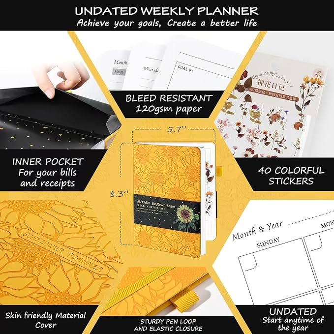 Undated Luxurious Weekly & Monthly Planner to Increase Productivity Hit Your Goals, Organizer Notebook Gratitude Journal Time Management Start Anytime, A5, Lasts 1 Year