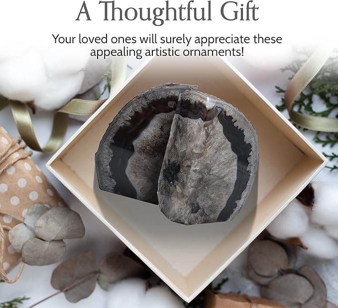 Nature's Decorations A Quality Black Agate Geode Bookends - Heavy Duty with Non-Skid Rubber Bumpers for Shelves, Office, Home Decor - Cool Crystal Stone (1 Pair 4-6 LB)
