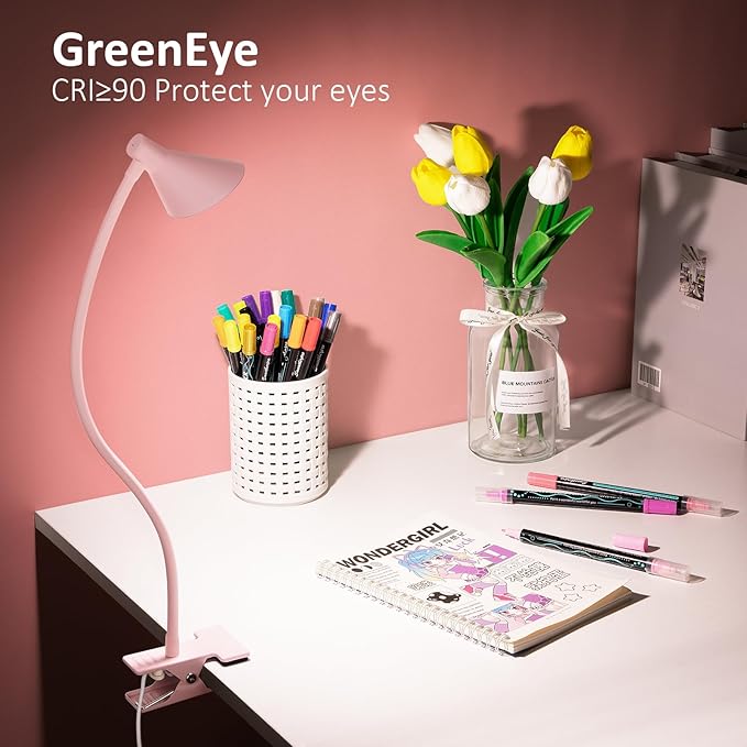 LiFMIRA Pink Small Desk Lamp Clip on LED Reading Light for Bed, 3 Color Modes 10 Dimmable Brightness, Book in Bed Headboard, Flexible Neck Clamp BL08