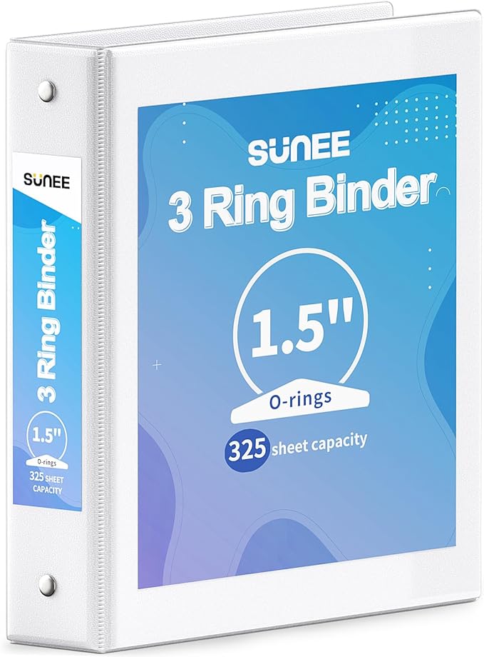 SUNEE 3 Ring Binder 1.5 Inch 1 Pack, Clear View Binder Three Ring PVC-Free (Fit 8.5x11 Inches) for School or Office Supplies, White