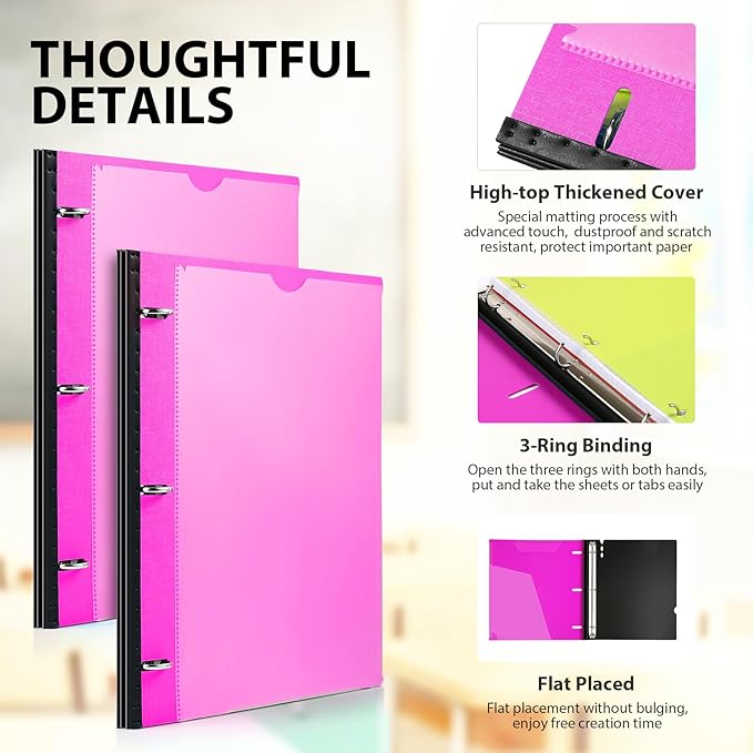 MAKHISTORY Telescoping 3 Ring Binder-4PCS, Flexible Binder with Customized Front Cover+Clear Catalog Pocket+3 Round Rings, Flat Writing Binder, 4 Bright Colors