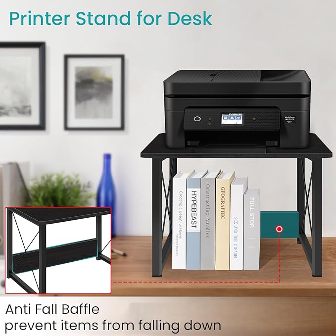 ELITEROO Desktop Printer Stand With Storage, Table Stand Small Desk Shelves Organizer for Home/Office, Multi-Purpose Heavy Duty Riser for Fax Machine Copier Scanner (Black)