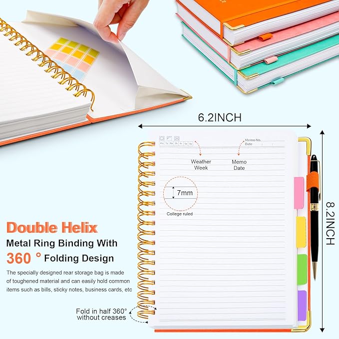 Hardcover Spiral Notebook 6.2"x 8.2" Journal Notebook with Tabs and Removable Dividers 300 Pages 5 Subject Notebook College Ruled, Faux Leather Spiral Bound Notebook for Women School Work(Orange)