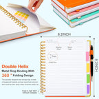 Hardcover Spiral Notebook 6.2"x 8.2" Journal Notebook with Tabs and Removable Dividers 300 Pages 5 Subject Notebook College Ruled, Faux Leather Spiral Bound Notebook for Women School Work(Orange)