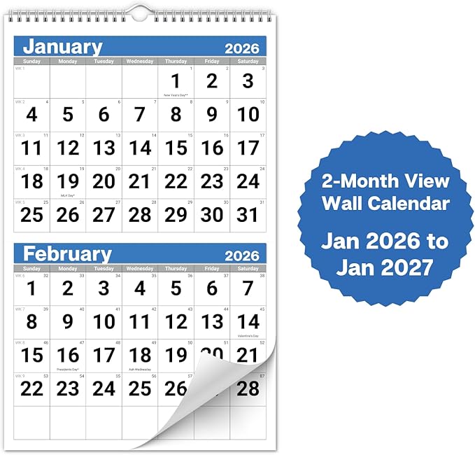 Dunwell 2026 2-Month Wall Calendar, Blue, Monthly Hanging Calendar with Large Bold Numbers, Easy to Read, Jan–Dec 2026, 11x17 Open, Ships Folded
