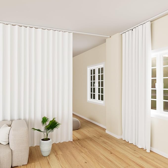 hoeflife Room Divider Curtains Blackout Floor to Ceiling Curtain with Hook Wall Mount Sliding Door Curtains Ceiling Mount Extra Wide Curtain Wall Divider for Room Separation(Greyish White,W100xH84in)