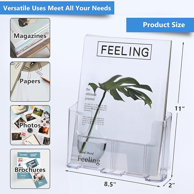 Argvey Acrylic Brochure Holder 8.5 x 11 inches, 4 Pack Clear Brochure Display Stand with Removable Divider for Trifold 4 Inches Wide Pamphlet, Plastic Flyer Holder for Magazine, Literature, Booklet