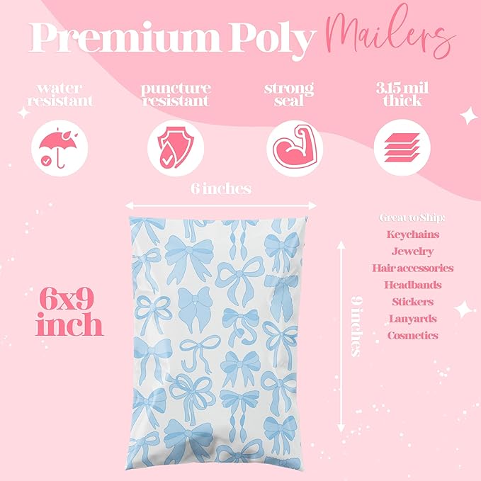 Pretty Package Store 6x9 Designer Poly Mailer 100 Pack Heavy Duty Waterproof Self Seal Shipping Bags for Small Business Large Mailing Envelopes Bulk Tear Resistant Packaging Blue Bows