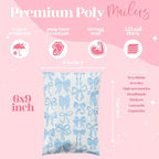 Pretty Package Store 6x9 Designer Poly Mailer 100 Pack Heavy Duty Waterproof Self Seal Shipping Bags for Small Business Large Mailing Envelopes Bulk Tear Resistant Packaging Blue Bows