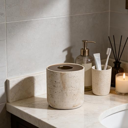 Natural Travertine Textures Mini Trash Can with Rose Gold Stainless Steel Lid, Mini Countertop Trash Can for Bathroom Kitchen, Desk or Table top Mini Garbage Can, Resin Tiny Waste Basket for Vanity