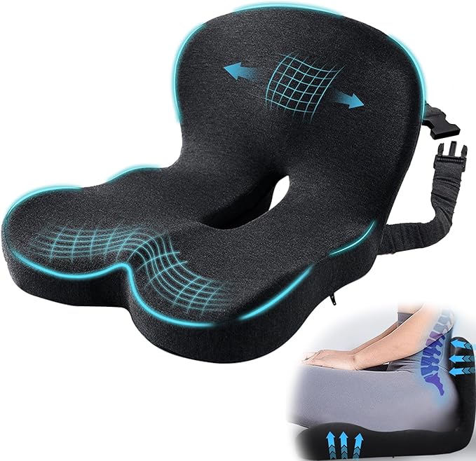 Mosxoed Ergonomic Seat Cushion with Adjustable Strap, Memory Foam Office Chair Seat Cushion with L-Shaped Design, Car Seat Cushion Fits for Truck Driver Semi Truck, Gaming Chair, Desk, Dark Gray