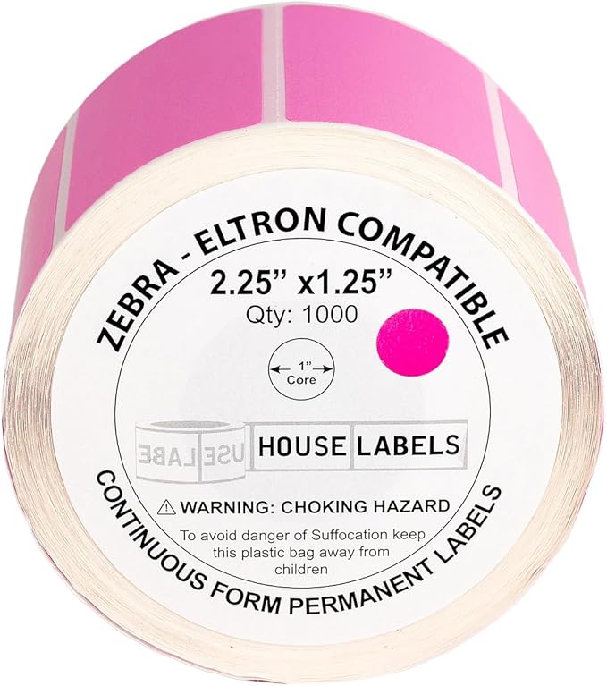 HOUSELABELS 2.25" x 1.25" Pink Address Labels on 1" Core Compatible with Zebra and Rollo Printers, 2 Rolls / 1,000 Labels per Roll
