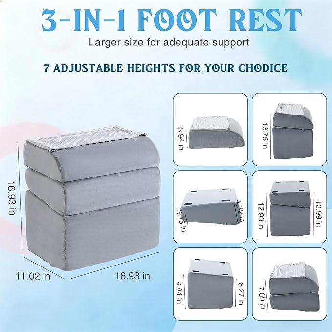 Novabright Foot Rest Under Desk at Work with 3 Adjustable Height, Non-Slip Ergonomic Foot Stool with Gel Top and Warm Pocket for Home Office Car Leg Back Rest(17" X 11" X 17",Cambered,Gray)