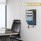EasyPAG 5 Pocket Mesh Wall File Organizer with Key Hooks, Hanging Paper Folder Holder with Classify Label, Vertical Wall Mount Mail Organizer for Office Home Classroom, Black