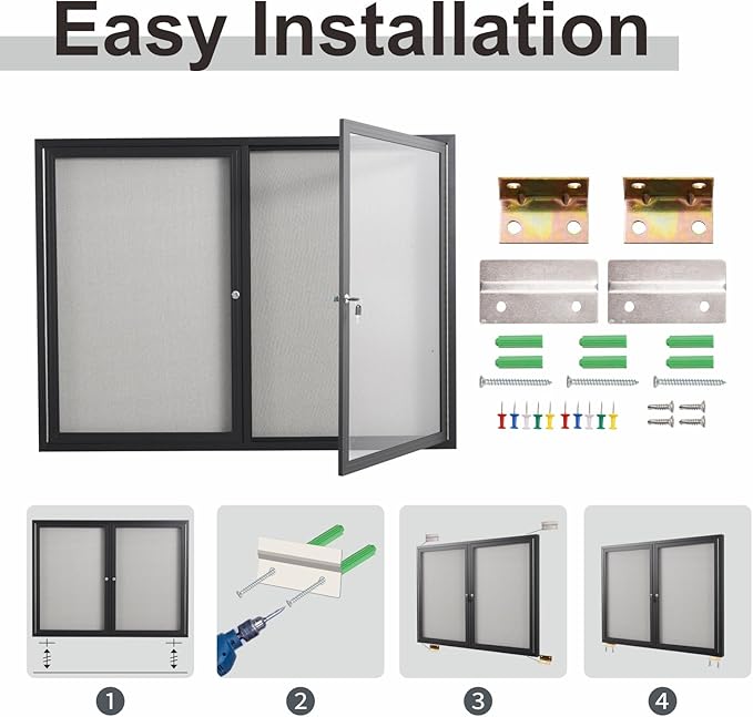 48x36 Inch Lockable Enclosed Bulletin Board, Weather-Resistant Outdoor Noticeboard with 2 Locking Doors, Wall-Mounted Black Aluminum Frame & Grey Felt Presentation Board